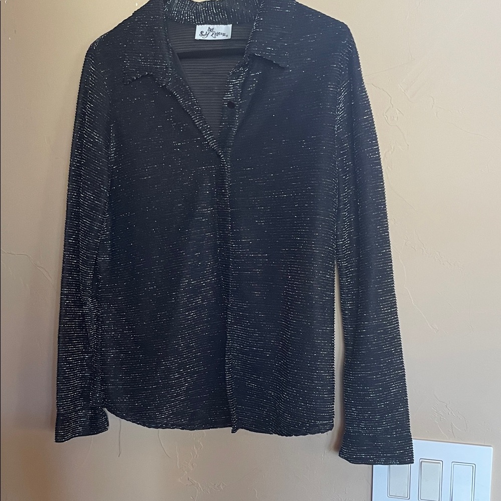 Self Esteem Black Textured Long Sleeve Button-Up Top lightly sheer. PTP 20.5”